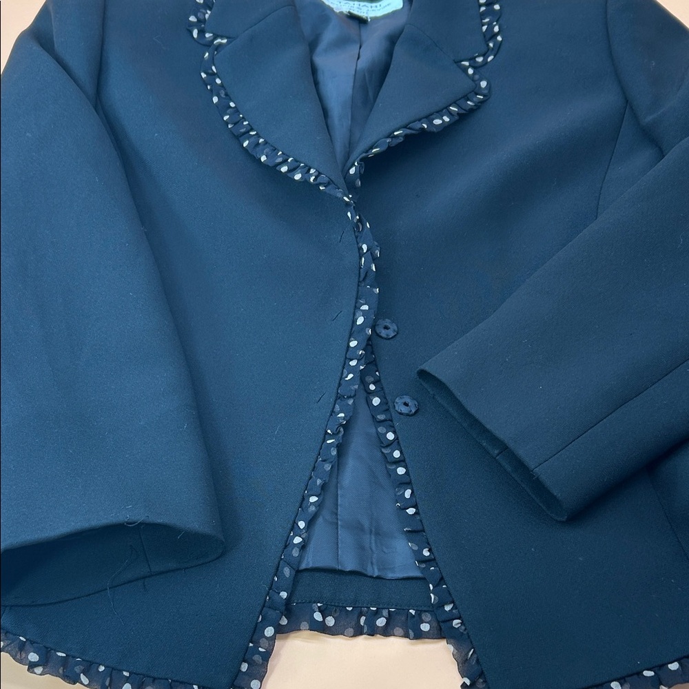 Elegant Navy Blue Blazer with Polka Dot Trim